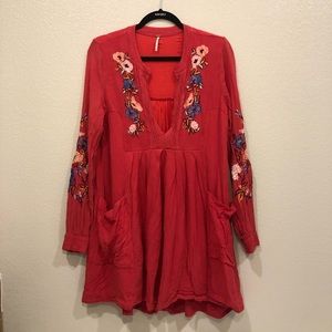 Free People Red Floral Embroidered Dress Oversized